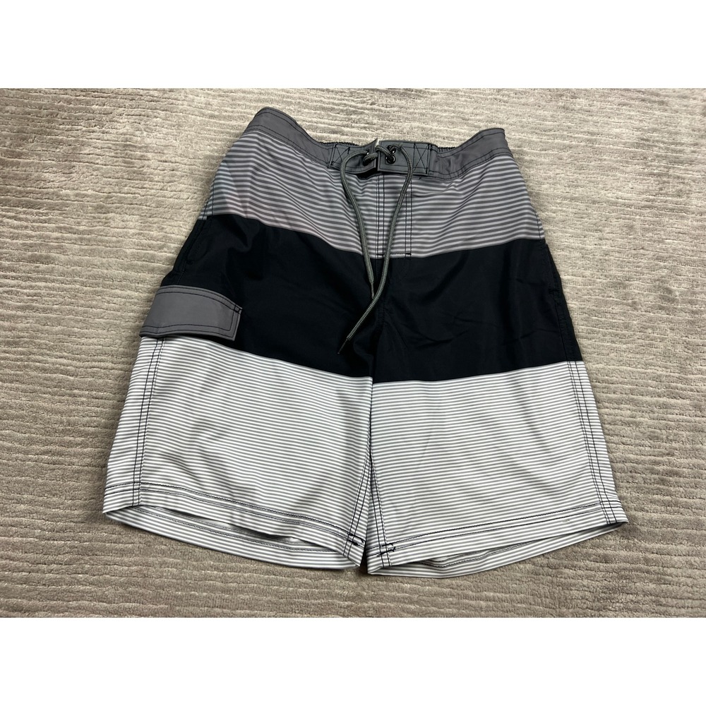 George Board Shorts Mens S 28 Black Grey Striped Colorblock Cargo Swim Trunks